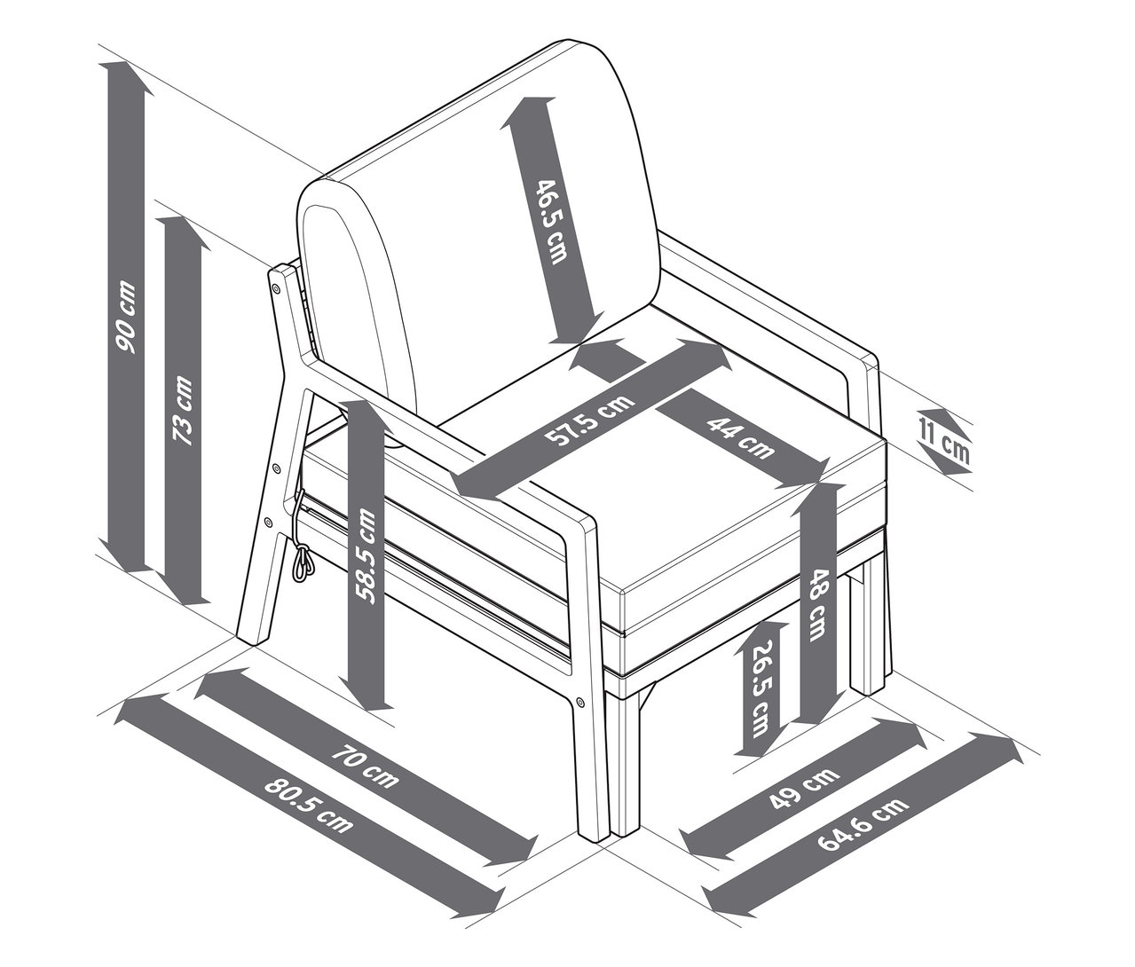 Detaillierte schematische Zeichnung eines ausziehbaren Gartensessels mit Maßangaben.