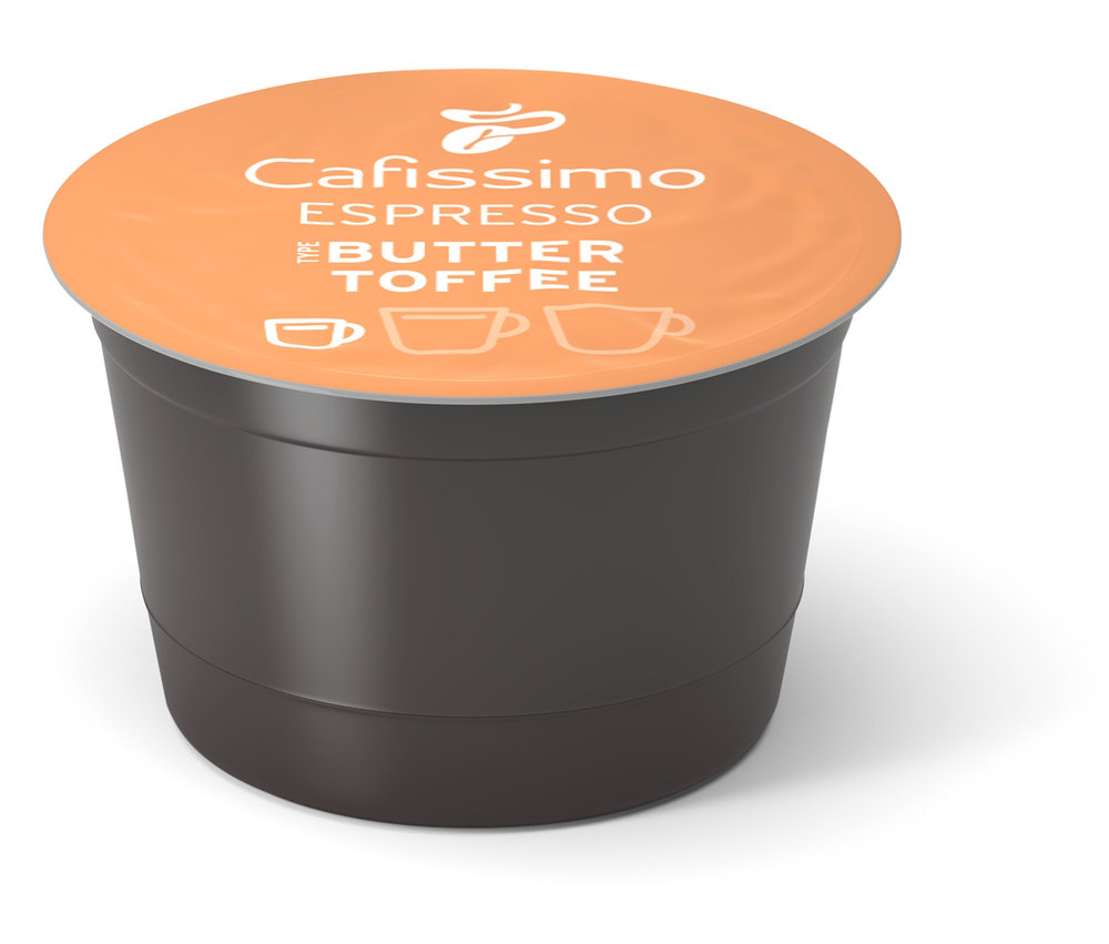Einzelne Cafissimo Flavoured Espresso - Buttertoffee Kapsel auf weißem Grund.