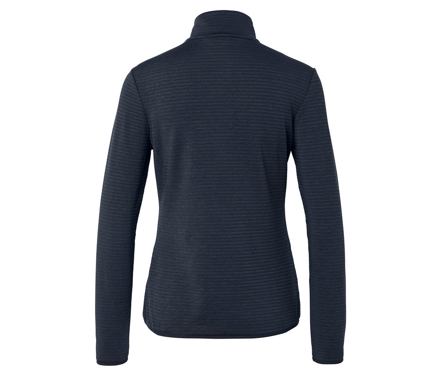 Rückansicht einer dunkelblauen, langärmligen Fleecejacke mit Stehkragen.