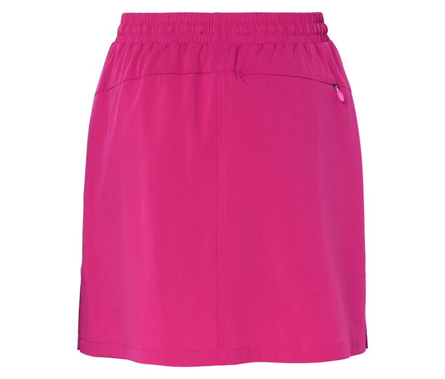 Nahaufnahme eines pinkfarbenen Rocks mit elastischem Bund und Reißverschlusstasche.