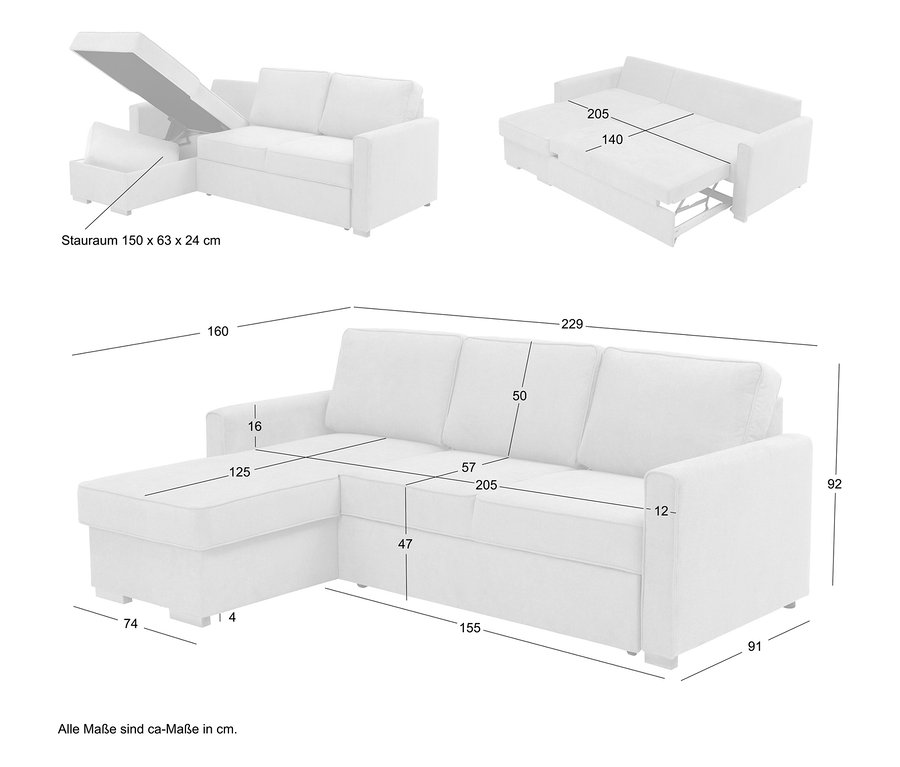 Verschiedene Ansichten eines hellen Sofas mit Ausziehfunktion und Stauraum, jeweils mit Maßangaben in Zentimetern.