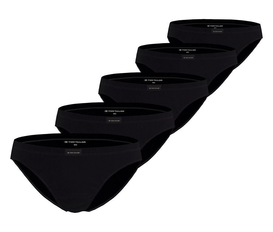 Fünf schwarze Tom Tailor »Colorado« Slips liegen versetzt übereinander.