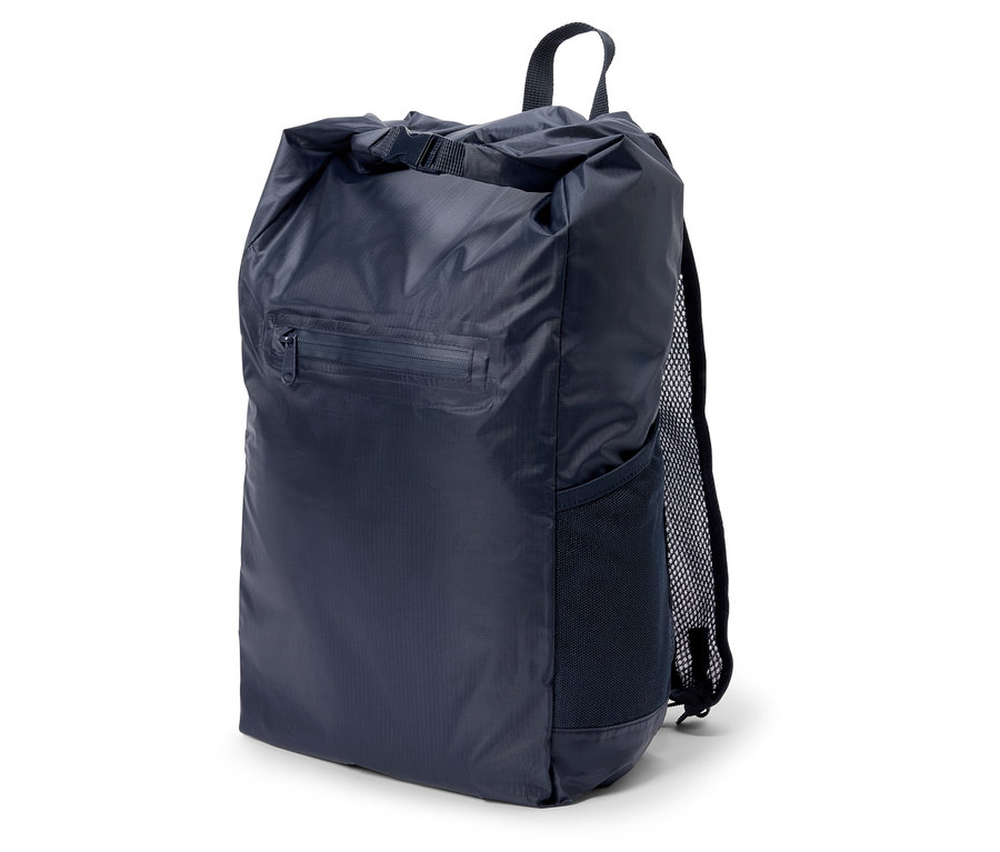 Dunkelblauer Rucksack mit Kordelzug, Reißverschlusstasche und seitlicher Netztasche.