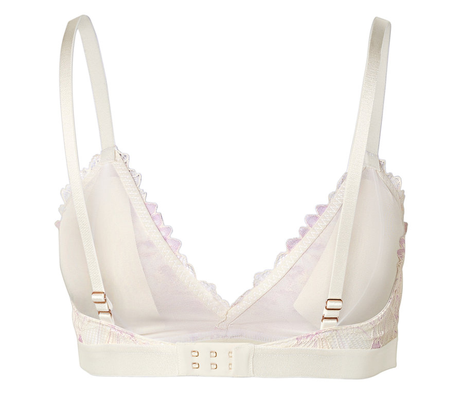 Rückansicht eines weißen BHs mit lila Details und verstellbaren Trägern.