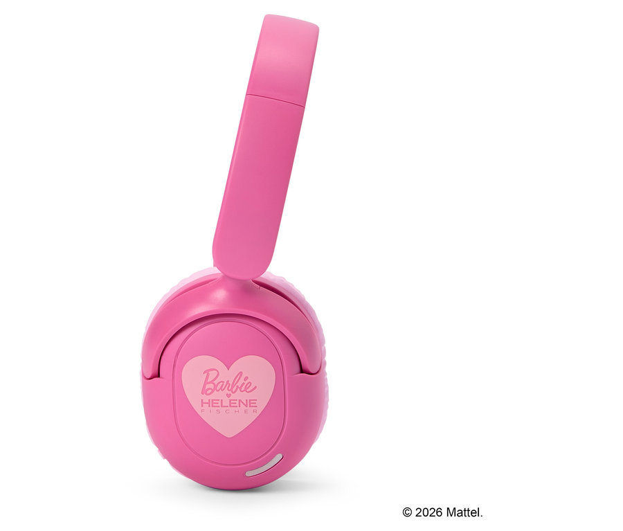 Rosa Barbie Kopfhörer mit Helene Fischer Logo auf weißem Hintergrund.