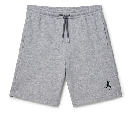 Graue Shorts mit Kordelzug und Fußballspieler-Logo.