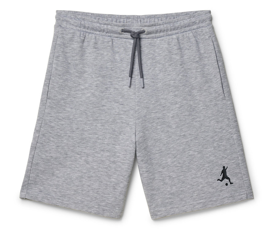Graue Shorts mit Kordelzug und Fußballspieler-Logo.