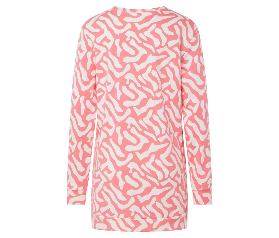 Rückansicht eines langen, rosa-weiß gemusterten Sweatshirts.