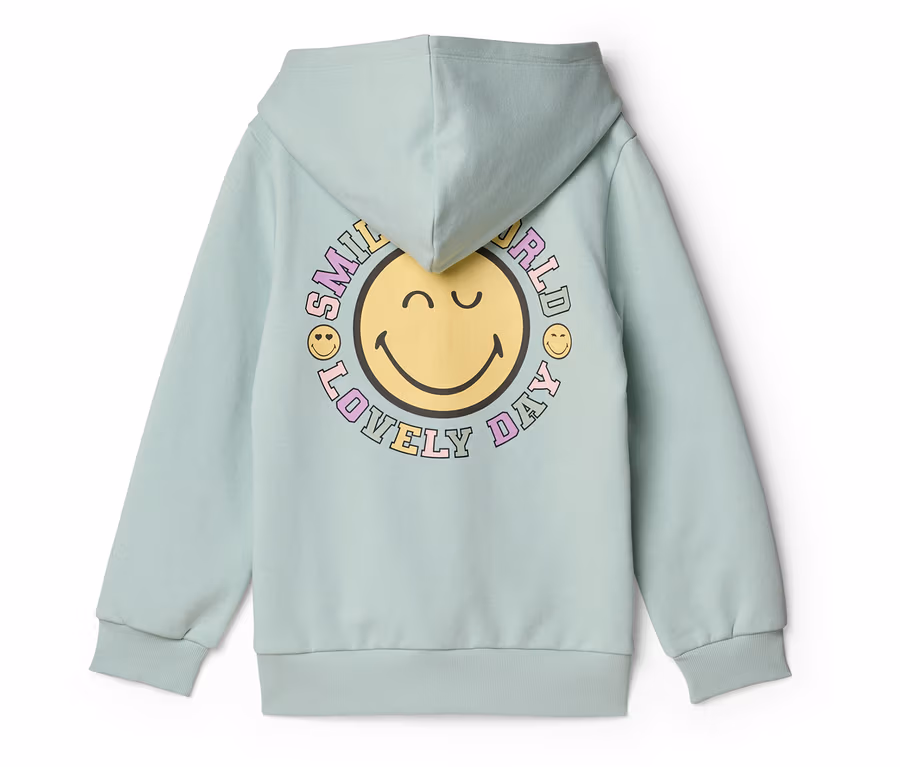 Hellgrüner Kinder-Sweatshirt Hoodie SMILEYWORLD® mit großem gelben Smiley-Gesicht und "SMILE WORLD LOVELY DAY" Aufdruck am Rücken.