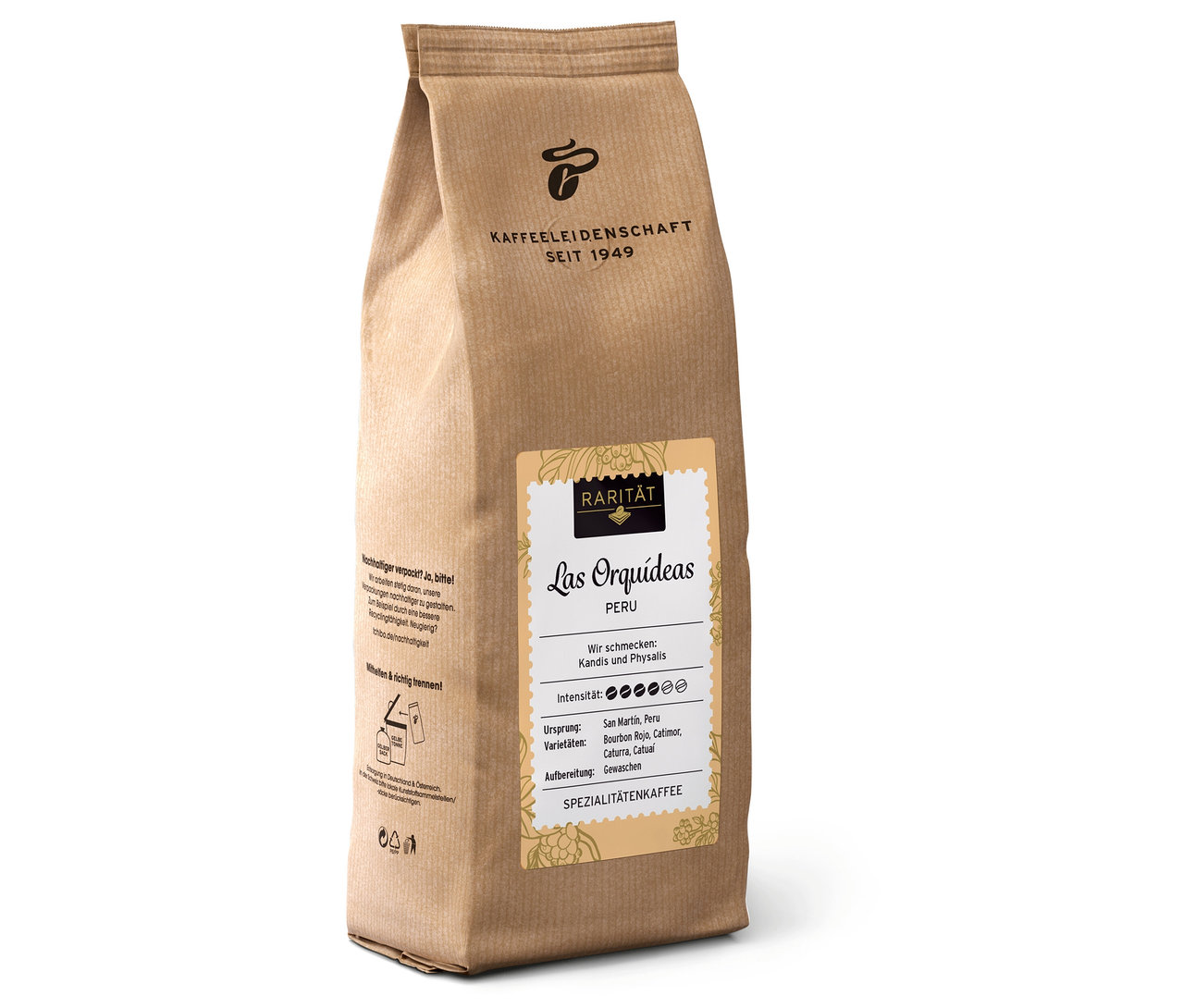 Eine Packung Rarität »Las Orquídeas Peru« Ganze Bohne Kaffeebohnen steht aufrecht. Auf dem Etikett sind Informationen zu Herkunft, Geschmack und Intensität des Kaffees abgedruckt.