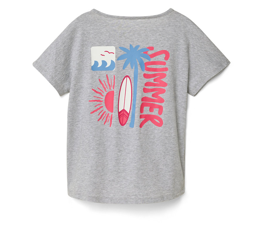 Graues T-Shirt mit Grafik von Sonne, Welle, Palme, Surfbrett und dem Wort "SUMMER".