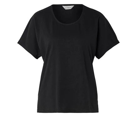 Schwarzes T-Shirt mit kurzen Ärmeln und Rundhalsausschnitt.