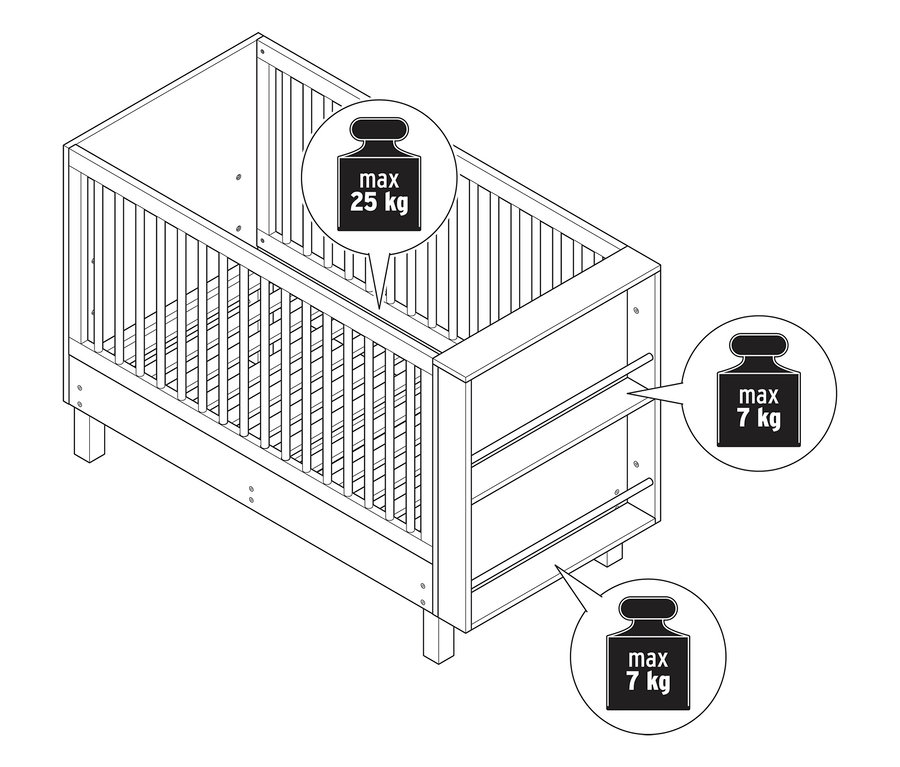 Draufsicht auf ein Babybett »Leira« mit integriertem Bücherregal.