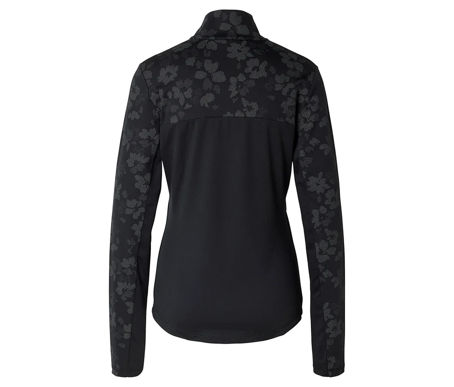 Rückansicht einer schwarzen, langärmeligen Jacke mit Blumenmuster an Ärmeln und Schultern.