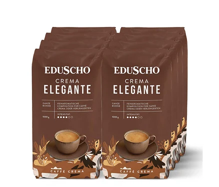 Sechs braune Packungen Eduscho Crema Elegante Kaffeebohnen mit einer Abbildung einer Tasse Kaffee.