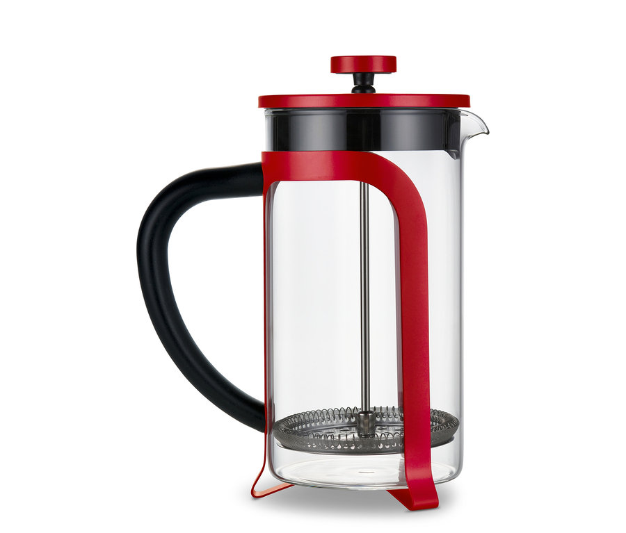Eine rote Siebstempelkanne mit 800 ml Fassungsvermögen für 6 Tassen.