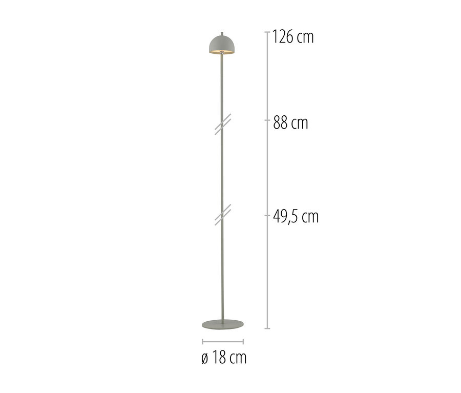 Graue Stehlampe mit kuppelförmigem Schirm, dünnem Ständer und rundem Fuß, 126 cm hoch, Fußdurchmesser 18 cm.
