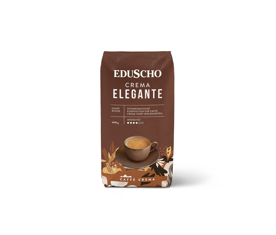 Braune Packung Eduscho Crema Elegante 1000g Ventil Kaffee mit Tasse Kaffee.
