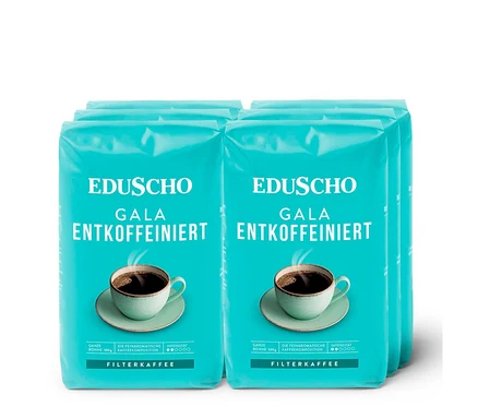 Sechs Packungen EDUSCHO Gala Entkoffeiniert gemahlener Kaffee.
