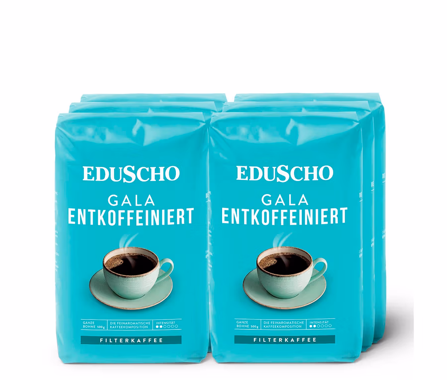 Sechs Packungen EDUSCHO Gala Entkoffeiniert gemahlener Kaffee.