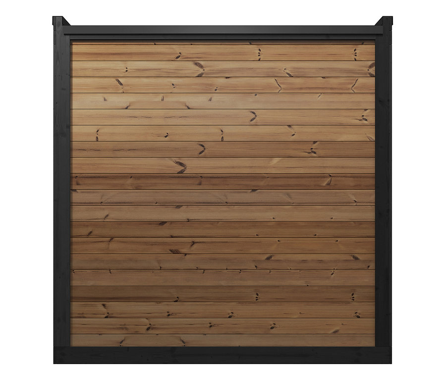 Quadratisches Sichtschutzelement aus horizontalen Holzlatten mit sichtbaren Ästen, umrahmt von einem dunklen Rahmen.