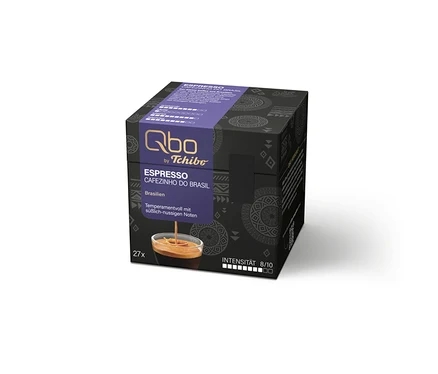 Schwarze Qbo Espresso CAFEZINHO DO BRASIL Packung mit 27 Kapseln, Intensität 8/10, mit süßlich-nussigen Noten.