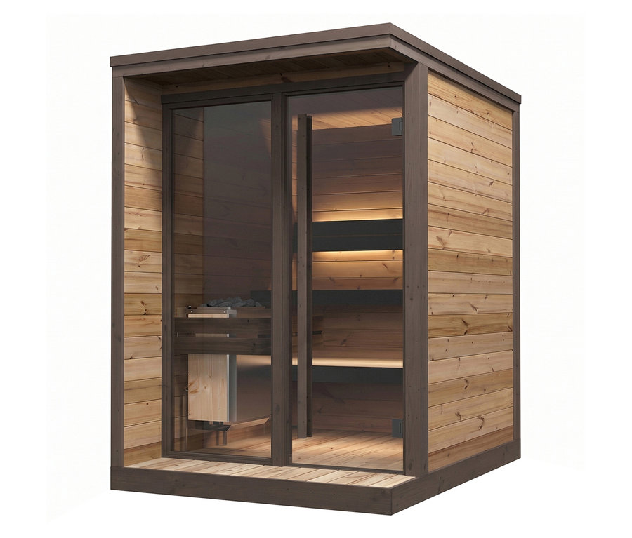 Eine moderne Saunakabine aus hellem Holz mit dunklen Akzenten. Die Vorderseite hat eine große Glastür und ein Glaspaneel. Im Inneren sind ein Saunaofen mit Steinen und Holzbänke mit warmer Beleuchtung sichtbar. Die Kabine steht auf einem dunklen Holzsockel.