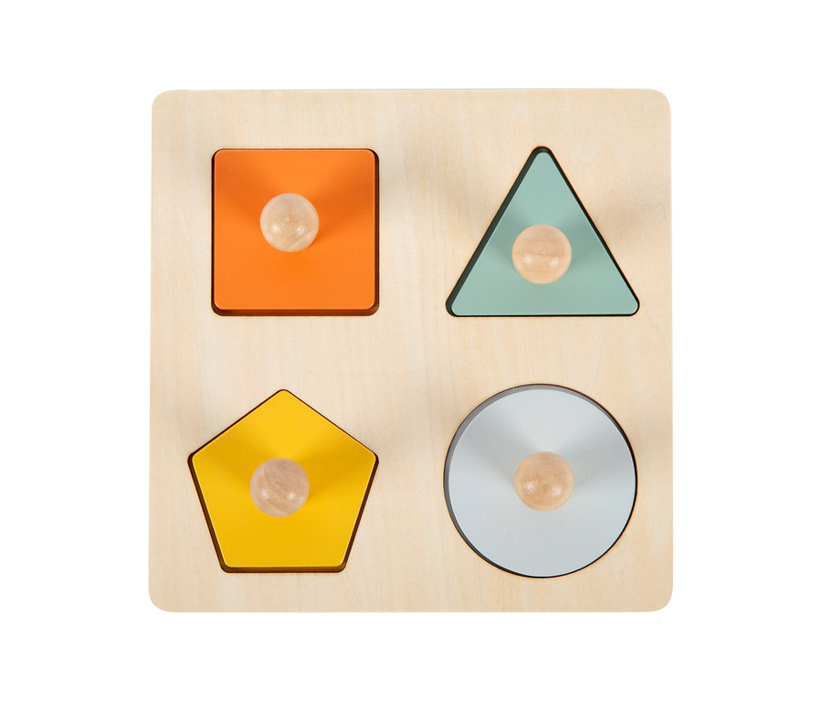 small foot Montessori-Bundle 3: Holz-Steckpuzzle mit vier farbigen Formen – orangefarbenes Quadrat, mintgrünes Dreieck, gelbes Fünfeck und hellblauer Kreis, jeweils mit Holzknauf.