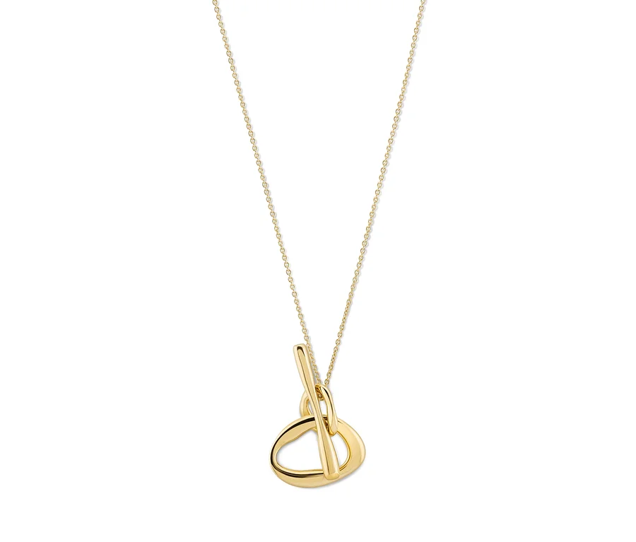 Goldene Halskette mit abstraktem Anhänger in Form eines durchgestochenen Dreiecks.