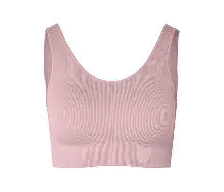 Nahaufnahme eines gerippten, rosa Sport-BHs mit V-Ausschnitt vor einem weißen Hintergrund.