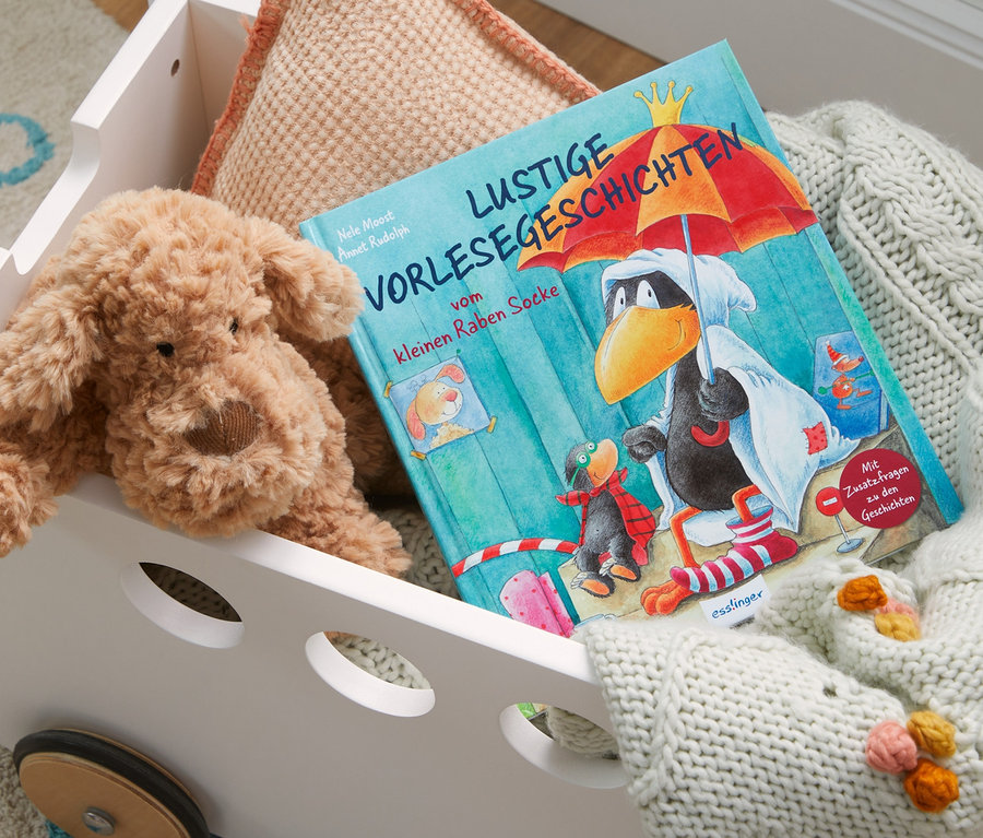 In einem weißen Spielzeugwagen liegen ein Plüschhund neben dem Buch "Lustige Vorlesegeschichten vom kleinen Raben Socke", einem beigen Kissen und einer Strickdecke.