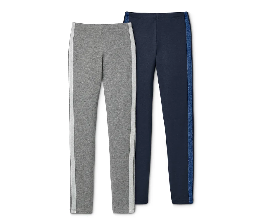 Zwei Leggings: eine graue und eine marineblaue, beide mit Streifen an der Seite.
