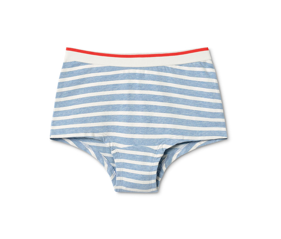 Ein einzelner blauer Mädchen-Panty mit weißen Streifen und einem roten Bund liegt auf einem weißen Hintergrund. Es ist Teil einer 7er-Packung.