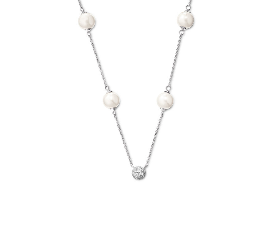 Kette aus 925 Silber mit Muschelkernperlen und Zirkonia-Kugel in Pavé-Fassung.