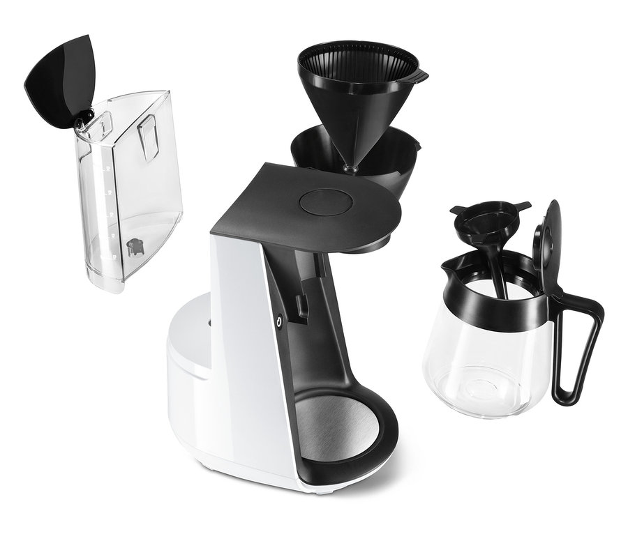 Weiße »Let's Brew« Filterkaffeemaschine mit abnehmbaren Komponenten.