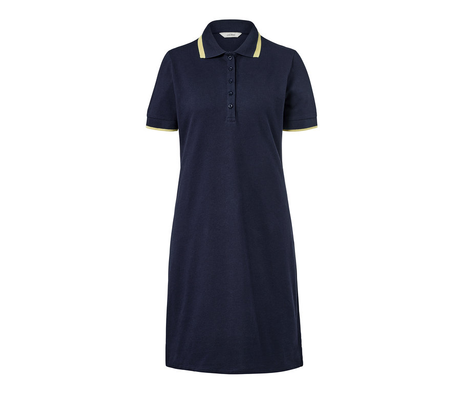 Marineblaues Polokleid mit kurzen Ärmeln und gelbem Saum.