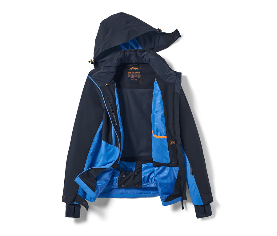 Eine geöffnete blaue Skijacke mit Kapuze.