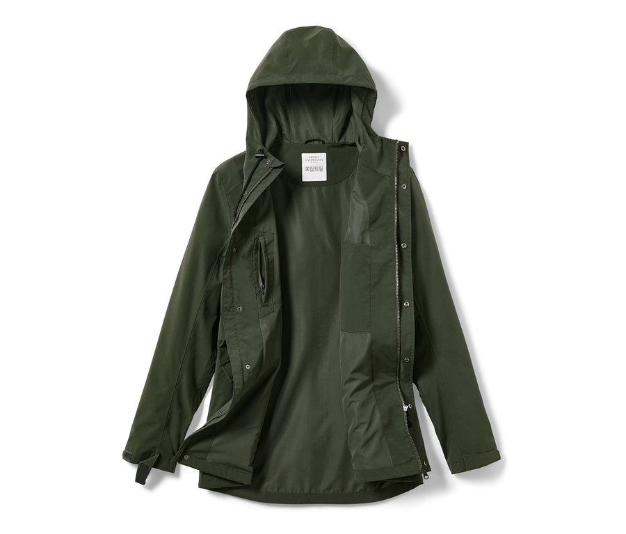 Grüner Funktionsparka mit Kapuze und offenem Reißverschluss.
