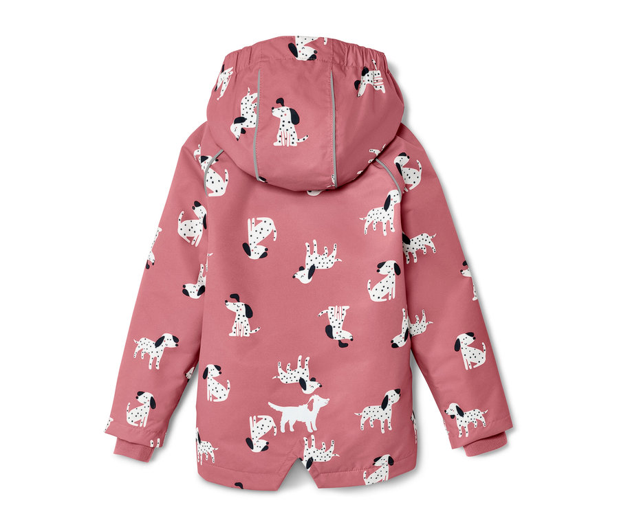 Rosa Kinder-Thermo-Regenjacke mit Hundemuster.
