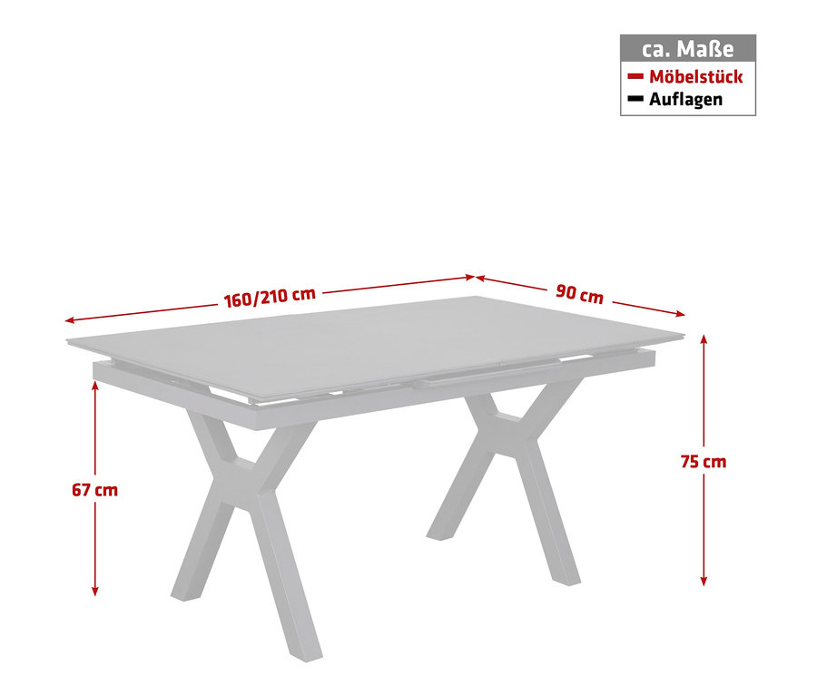 deVries Dining-Set und deVries Alu Ausziehtisch, 160/210, steingrau Esstisch mit Maßangaben.