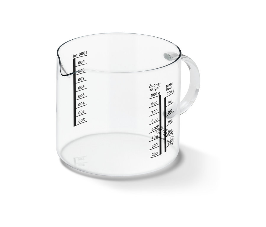 Durchsichtiger Messbecher mit Markierungen zum Abmessen von Zucker und Mehl.
