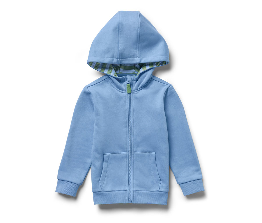 Hellblaue Kinder-Sweatjacke mit angerauter Innenseite, Reißverschluss und Kapuze.