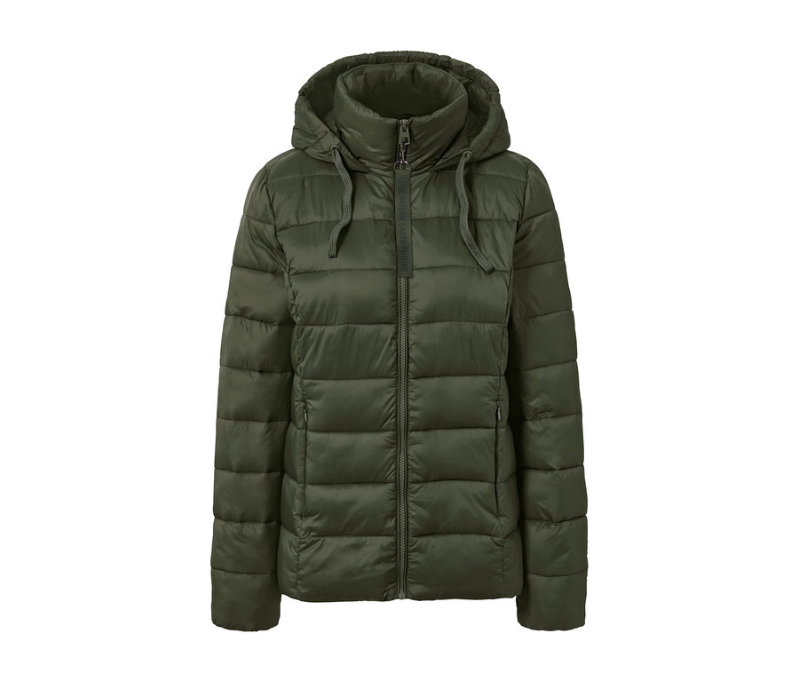 Olivgrüne Steppjacke mit Kapuze.