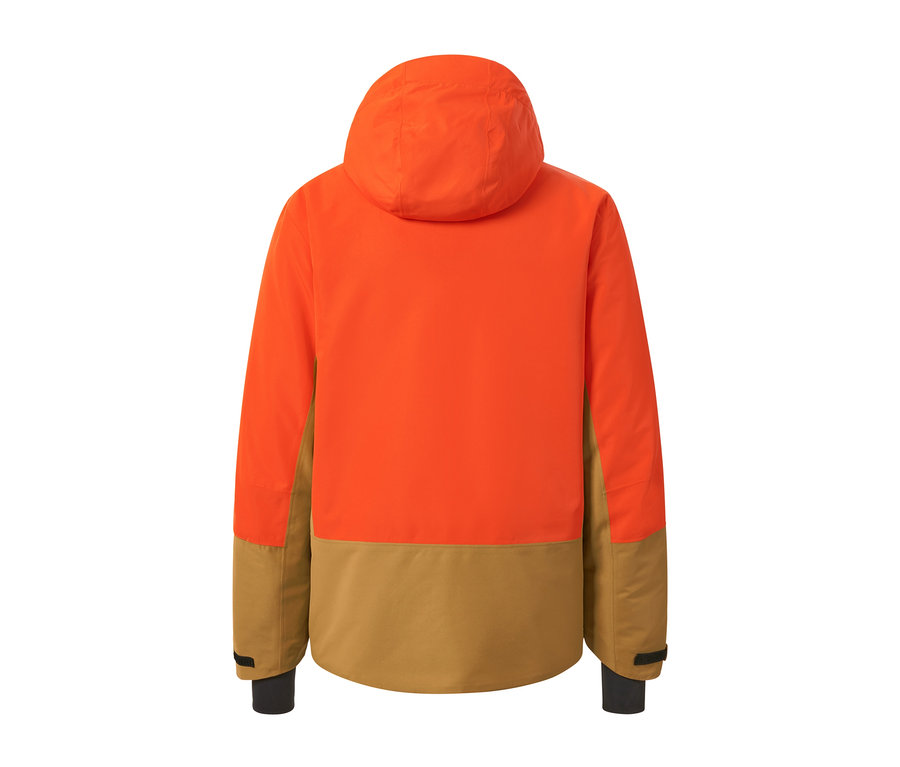 Detailansicht der Rückseite einer orange-braunen Skijacke.