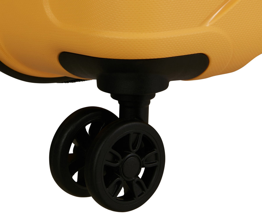 Detailansicht eines gelben American Tourister »Jetdriver 3.0« Koffers mit schwarzen Rollen.