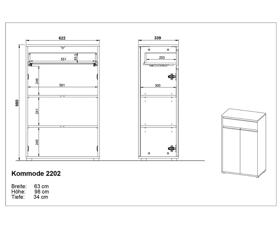 Technische Zeichnung einer graphitfarbenen Kommode "Lemont" mit Maßangaben.