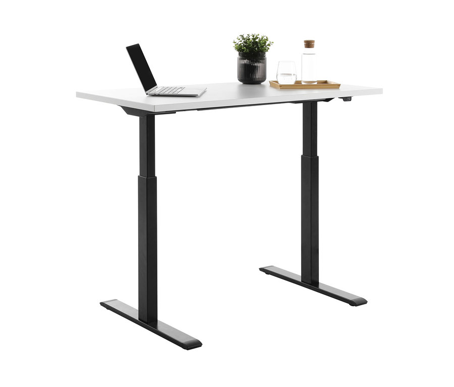 Notebook, Wasserflasche und Pflanze auf Topstar Schreibtisch, elektrisch höhenverstellbar.