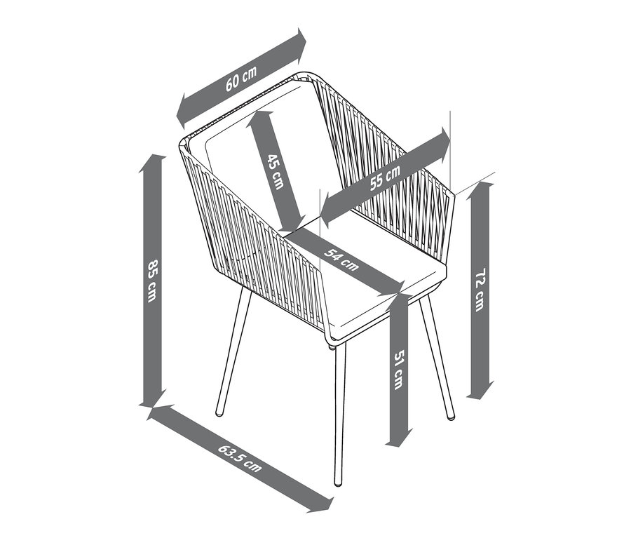 Skizze eines Dining-Sessels mit Textilgeflecht und den dazugehörigen Maßen.