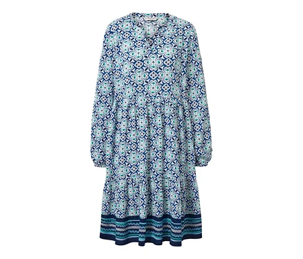 Blaues Webkleid mit Alloverprint.