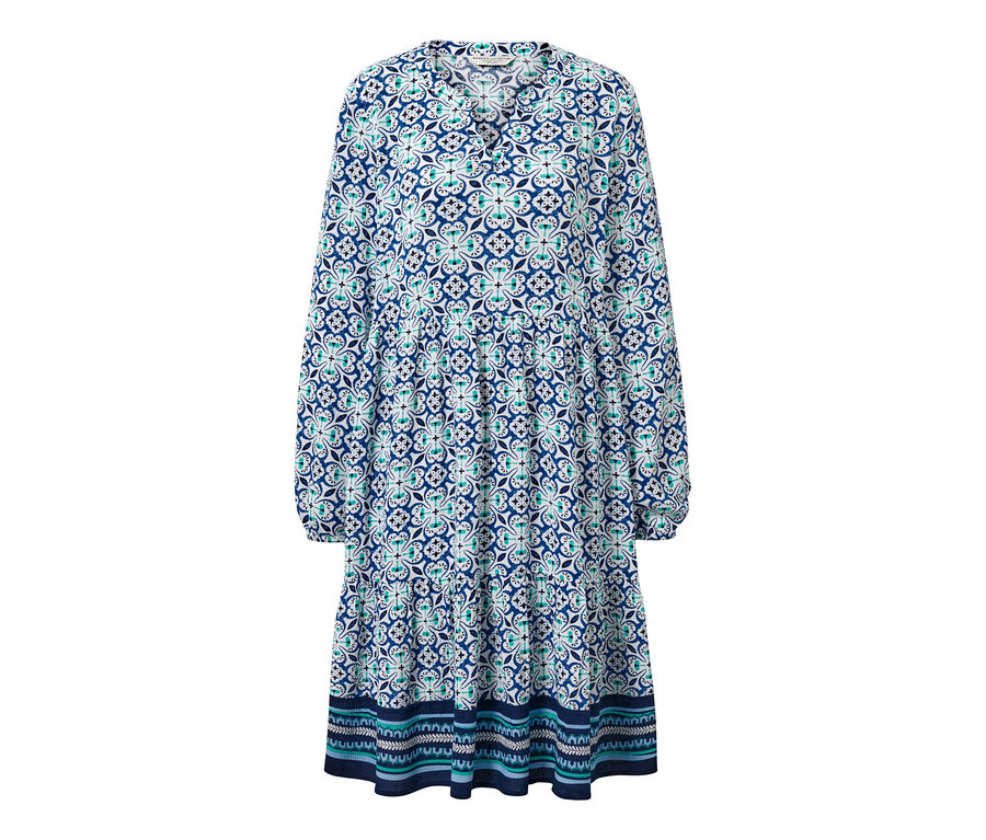Blaues Webkleid mit Alloverprint.